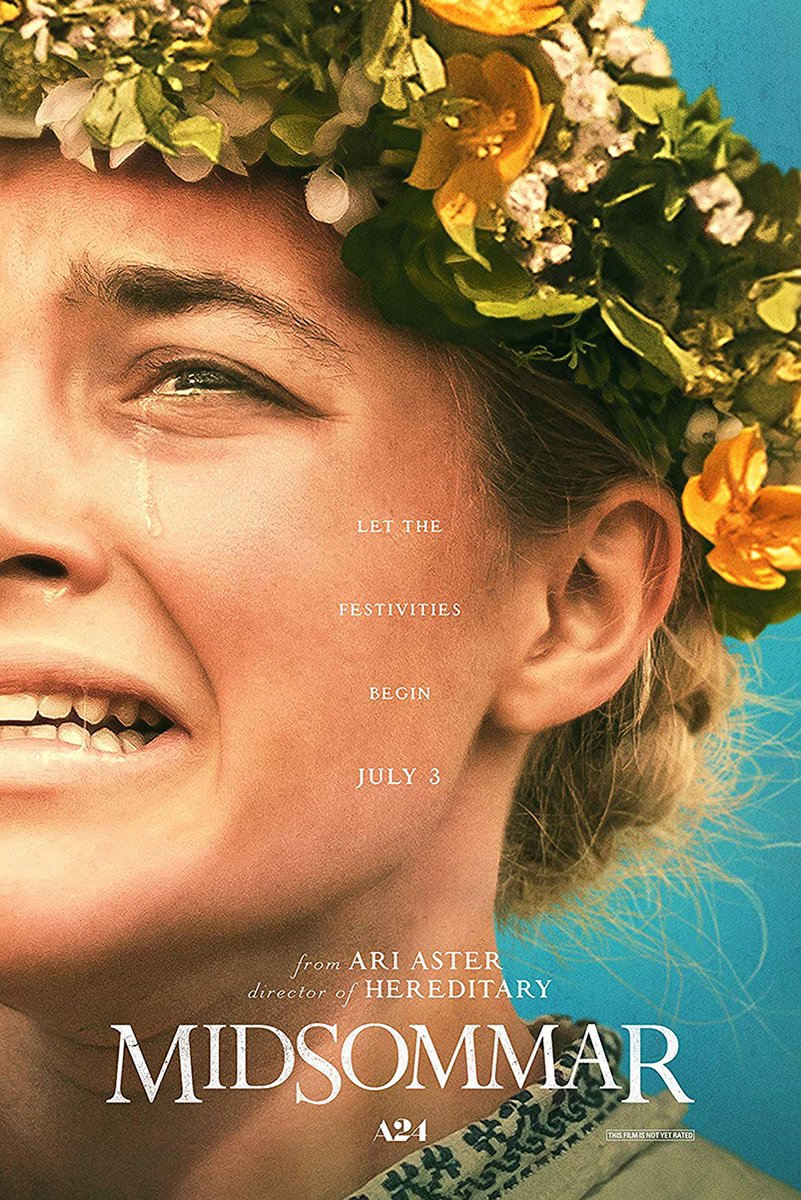 Midsommar poster featuring a tearful smiling woman in a green and orange flower crown against a turquoise background.