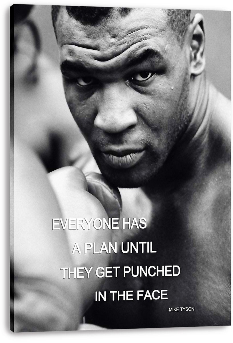 Mike Tyson canvas wall art print featuring an intense black-and-white boxing portrait, raised glove, and large white quote text.