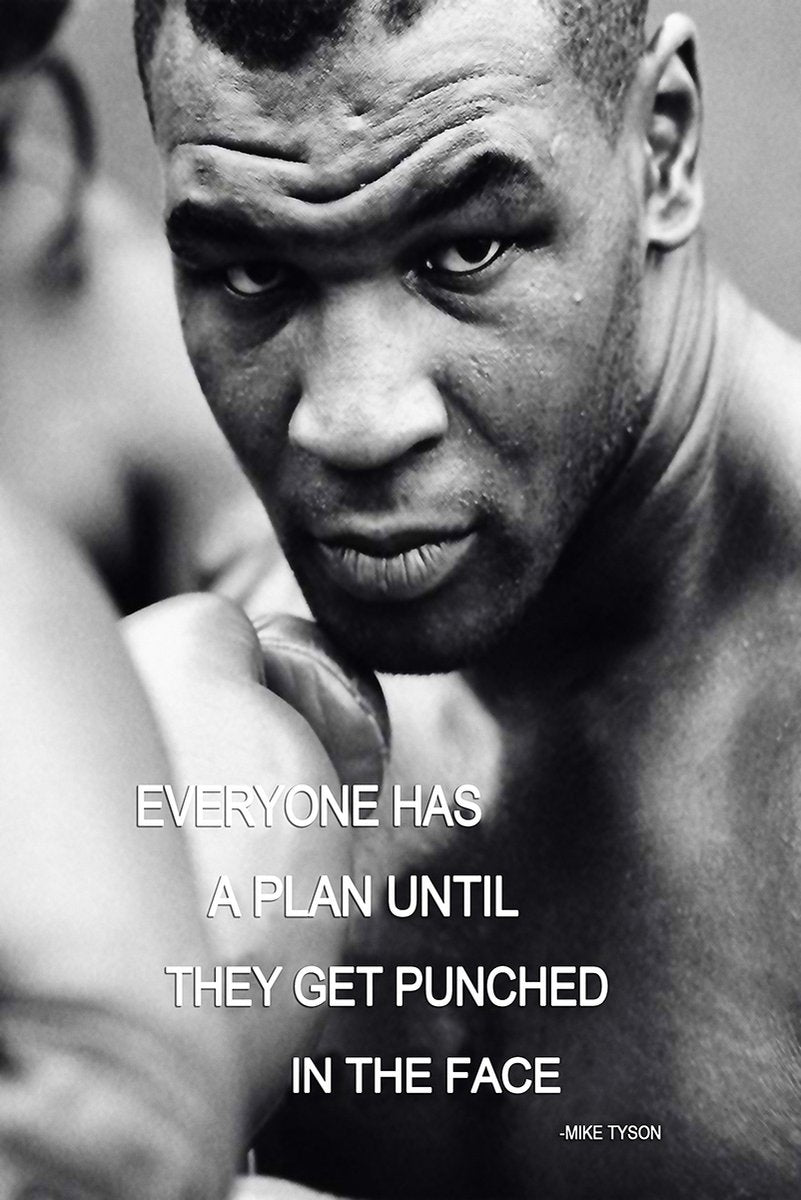 Mike Tyson poster featuring a black-and-white close-up of the boxer with his glove raised and a bold motivational quote.
