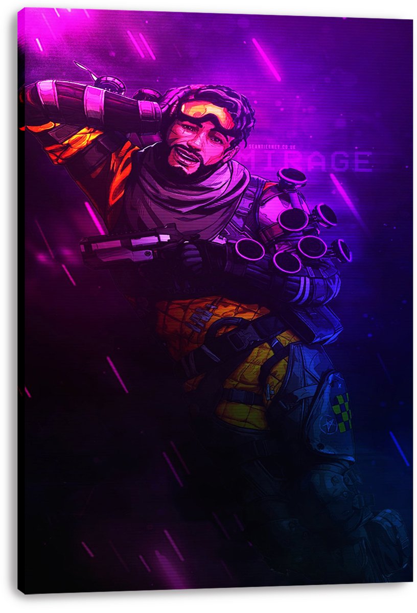 Mirage Apex Legends canvas wall art print displays the armed, goggle-wearing character in orange and blue gear against a glowing purple backdrop.
