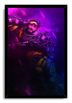 Mirage Apex Legends framed wall art print features the smiling armored character holding a pistol amid vivid magenta and deep blue neon light.