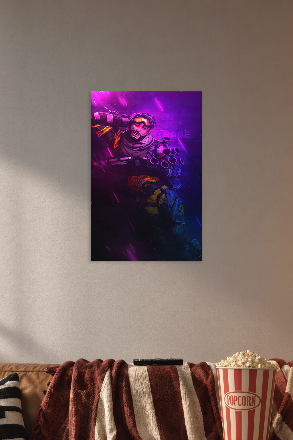 Mirage Apex Legends in a cozy movie room above a brown sofa with popcorn.