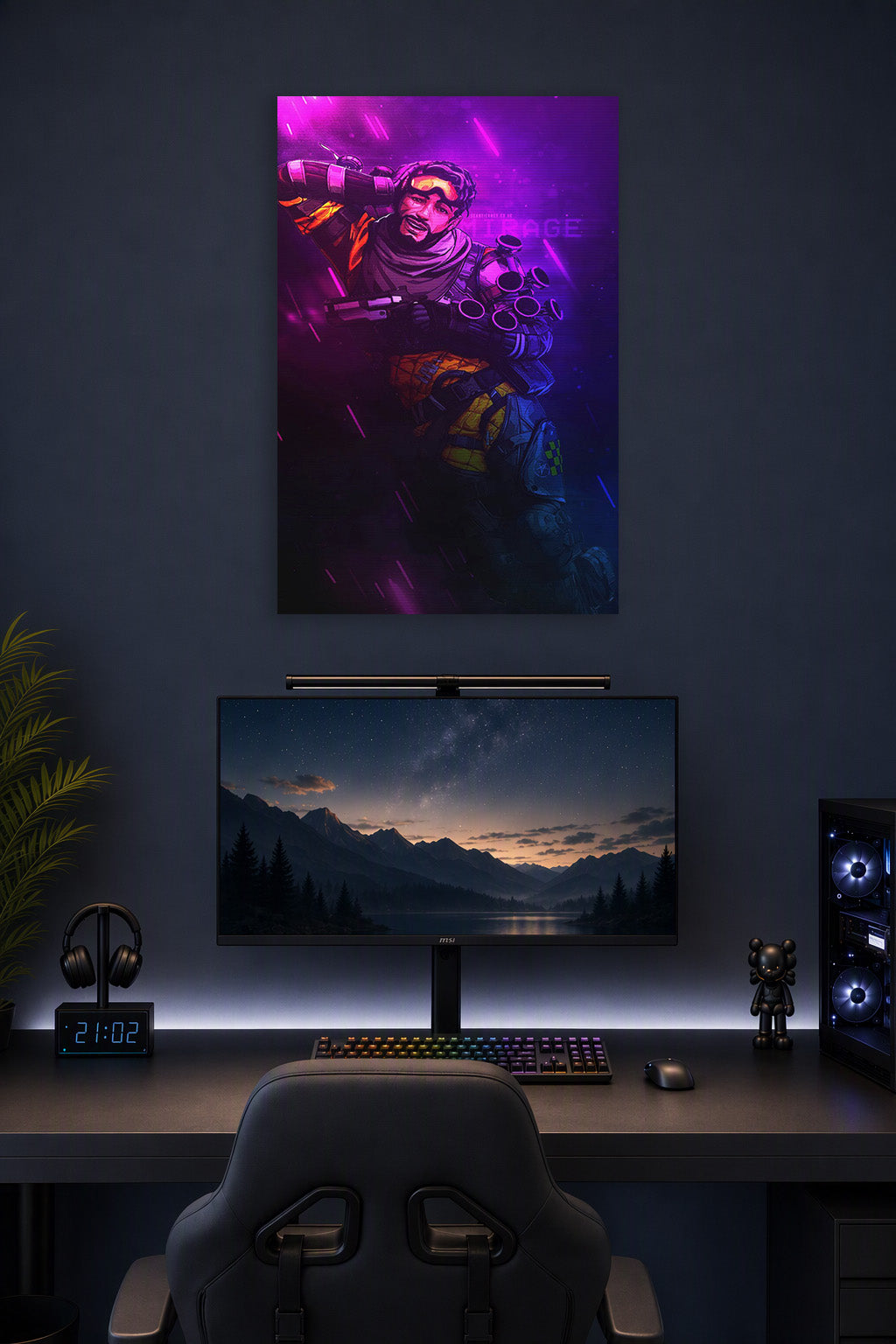 Mirage Apex Legends in a gaming desk setup above a monitor.