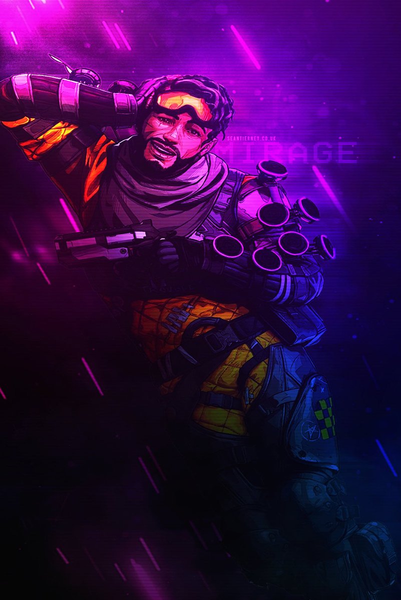 Mirage Apex Legends wall art print portrays the goggled character smiling with a pistol amid neon purple, pink, and blue streaks.