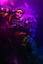 Mirage Apex Legends wall art print portrays the goggled character smiling with a pistol amid neon purple, pink, and blue streaks.