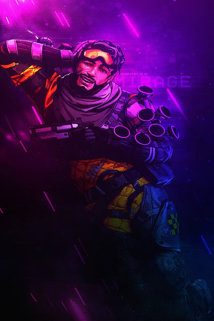 Mirage Apex Legends wall art print portrays the goggled character smiling with a pistol amid neon purple, pink, and blue streaks.