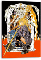 Misa Amane canvas wall art print features her in a striped gothic jacket beside a stitched blue figure under a white arch.