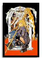 Misa Amane framed wall art print portrays her crouching with a gold staff, black boots, candles, and a towering skeletal figure.