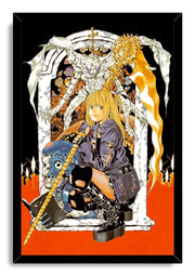 Misa Amane framed wall art print portrays her crouching with a gold staff, black boots, candles, and a towering skeletal figure.
