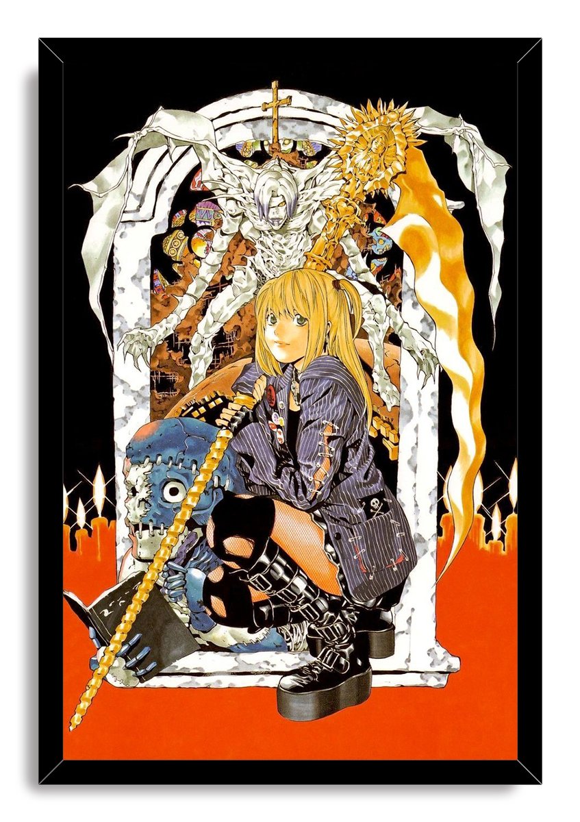 Misa Amane framed wall art print portrays her crouching with a gold staff, black boots, candles, and a towering skeletal figure.