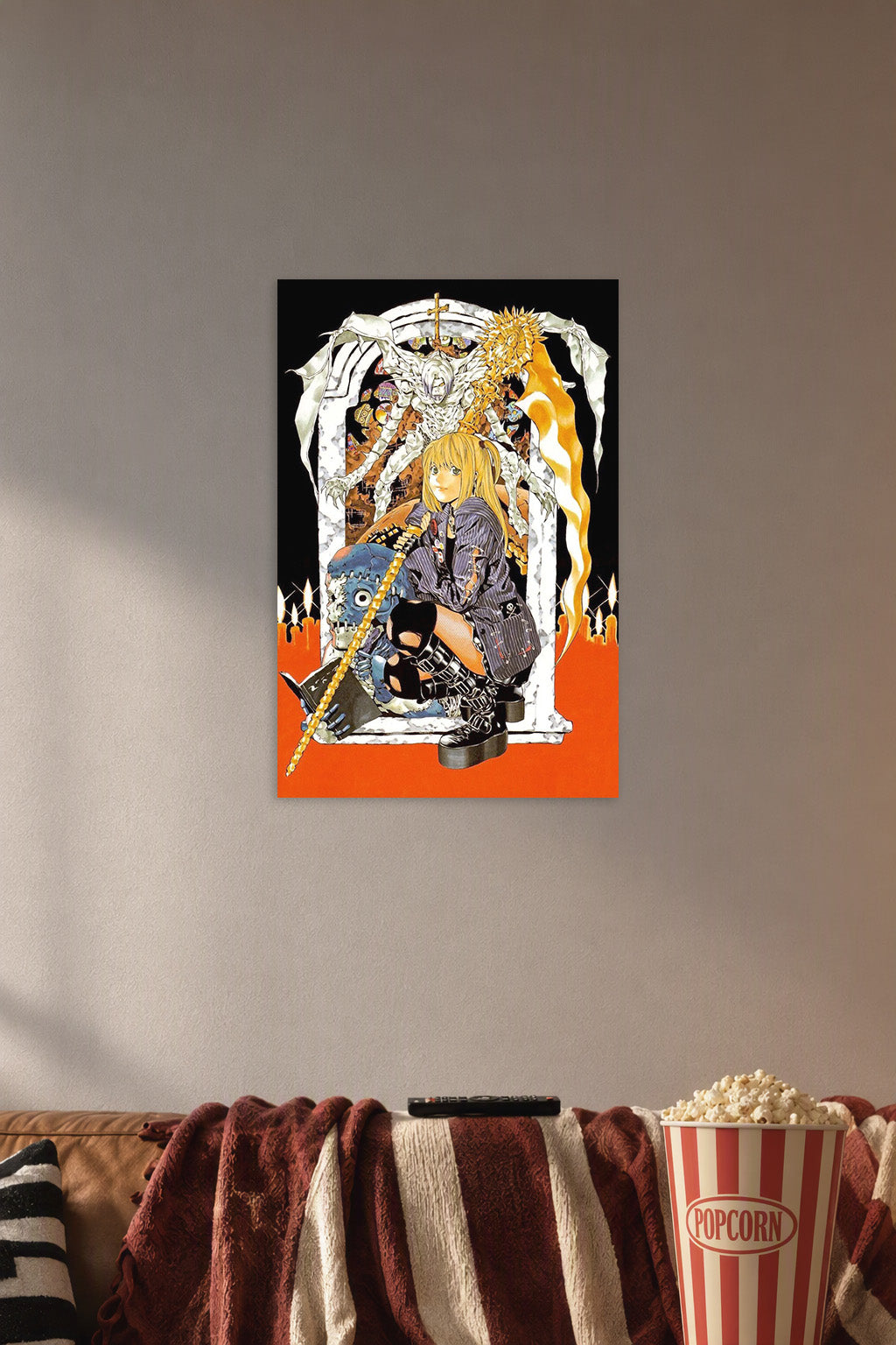 Misa Amane Death Note in a cozy movie room above a brown sofa with popcorn.