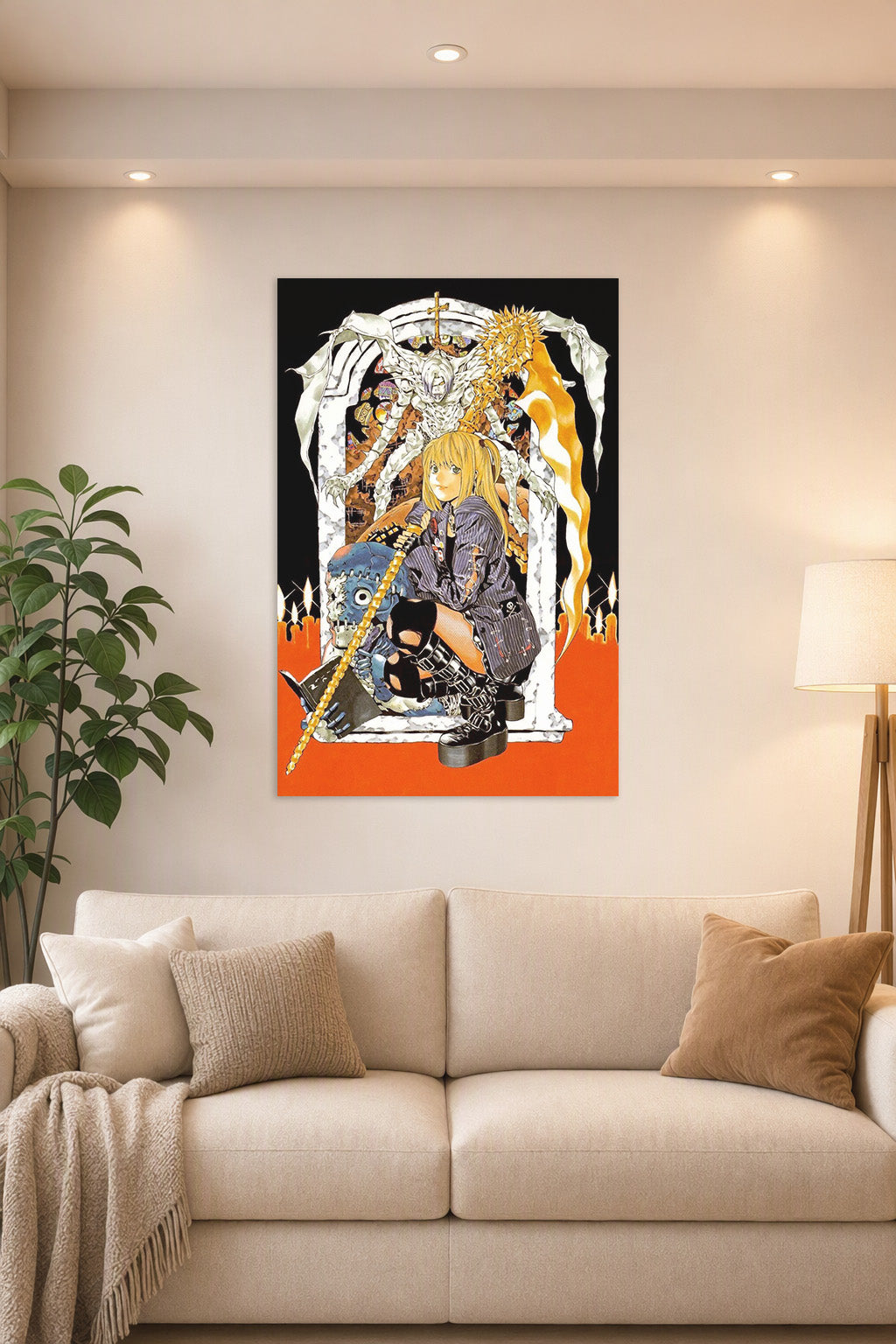Misa Amane Death Note in a bright living room above a beige sofa.