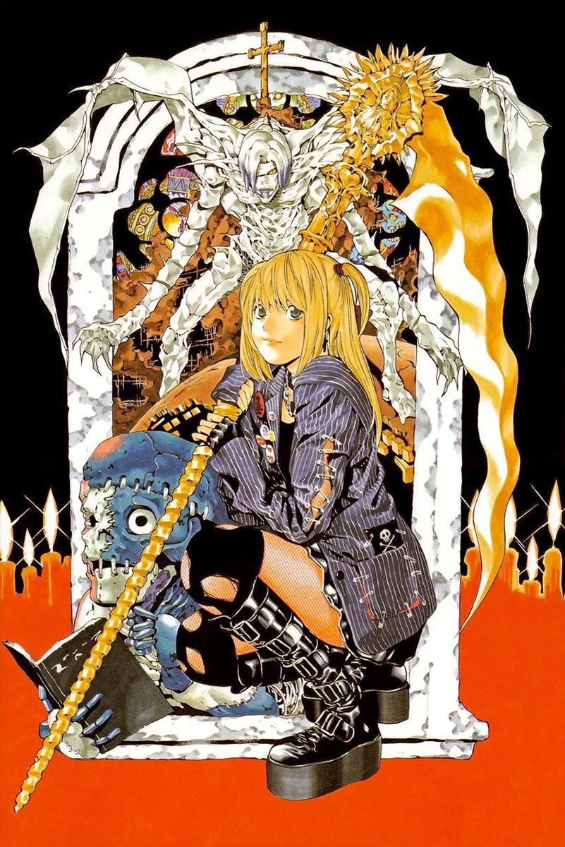 Misa Amane wall art print depicts her crouching in punk boots beneath a skeletal Shinigami, with candles and gold flame.
