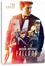 Mission: Impossible Fallout canvas wall art print displays Tom Cruise and cast amid an explosion, rifle, mountains, and red car.