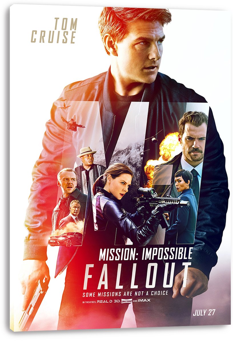 Mission: Impossible Fallout canvas wall art print displays Tom Cruise and cast amid an explosion, rifle, mountains, and red car.