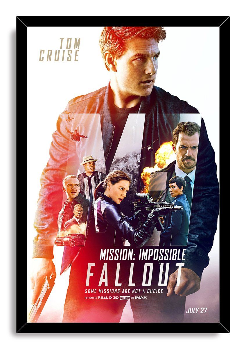 Mission: Impossible Fallout framed wall art print features Tom Cruise and supporting characters with fiery action scenes and bold red title text.