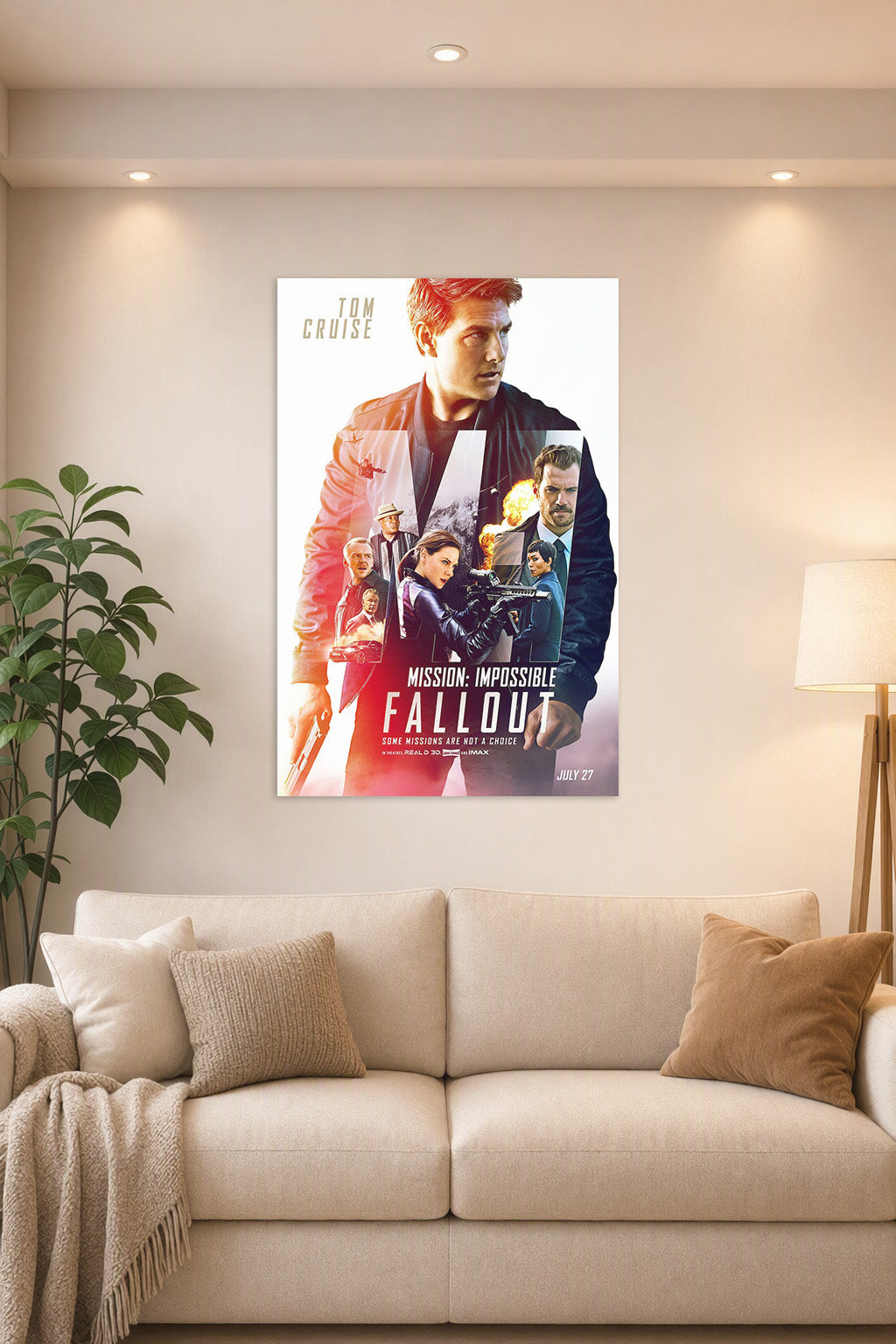 Mission: Impossible - Fallout Movie Poster in a bright living room above a beige sofa.