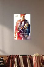 Mission: Impossible - Fallout Movie Poster in a cozy movie room above a brown sofa with popcorn.
