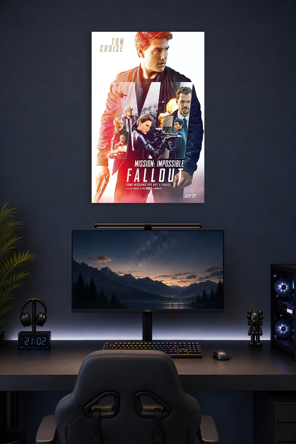 Mission: Impossible - Fallout Movie Poster in a gaming desk setup above a monitor.
