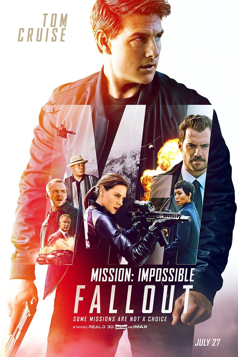 Mission: Impossible Fallout poster features Tom Cruise with an ensemble cast, explosions, a rifle, mountains, and a red sports car.