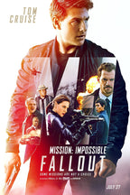 Mission: Impossible Fallout poster features Tom Cruise with an ensemble cast, explosions, a rifle, mountains, and a red sports car.