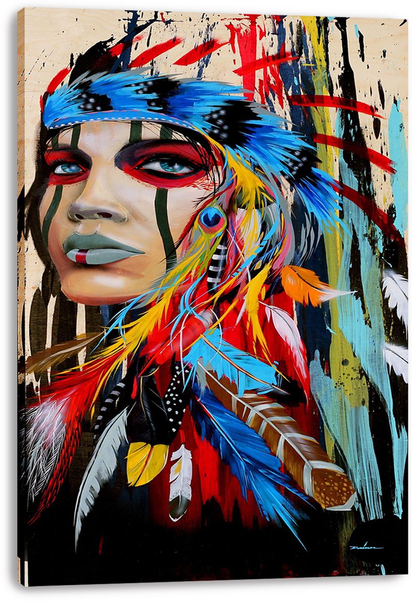 Modern tribal woman canvas wall art print, presented with wrapped edges, featuring face paint and multicolored cascading feathers.