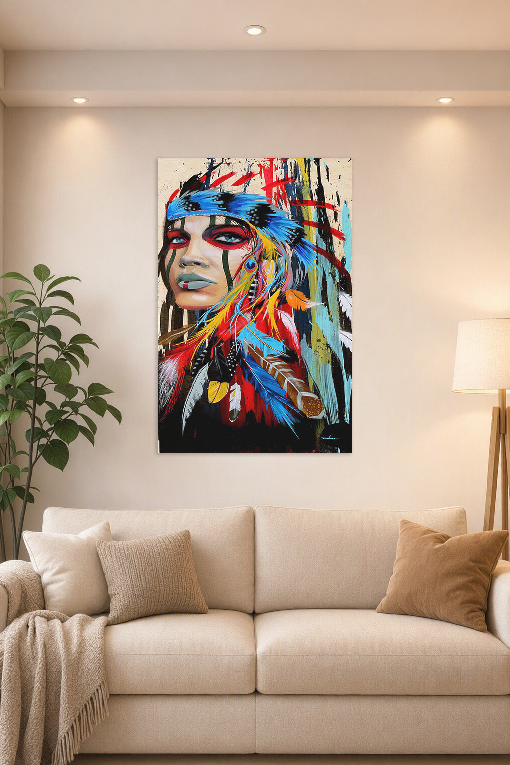 Modern Tribal Woman Portrait in a bright living room above a beige sofa.