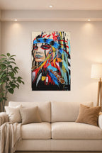 Modern Tribal Woman Portrait in a bright living room above a beige sofa.