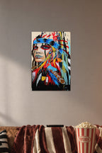 Modern Tribal Woman Portrait in a cozy movie room above a brown sofa with popcorn.