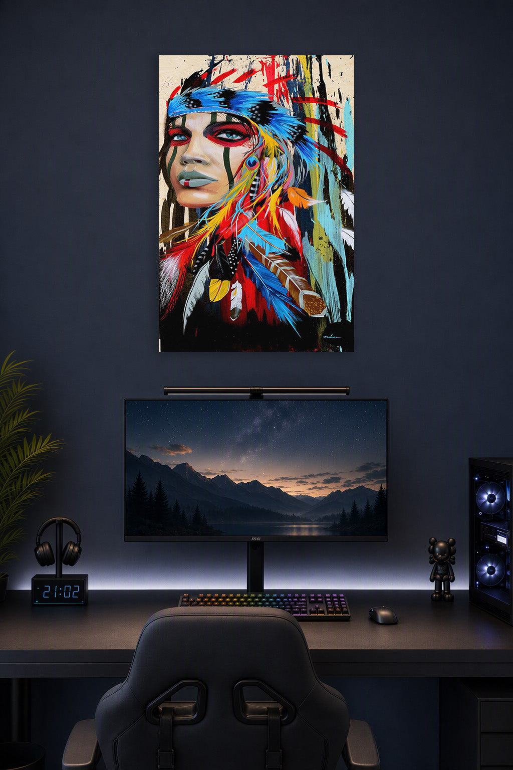 Modern Tribal Woman Portrait in a gaming desk setup above a monitor.