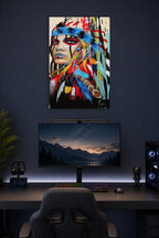 Modern Tribal Woman Portrait in a gaming desk setup above a monitor.