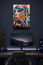 Modern Tribal Woman Portrait in a gaming desk setup above a monitor.