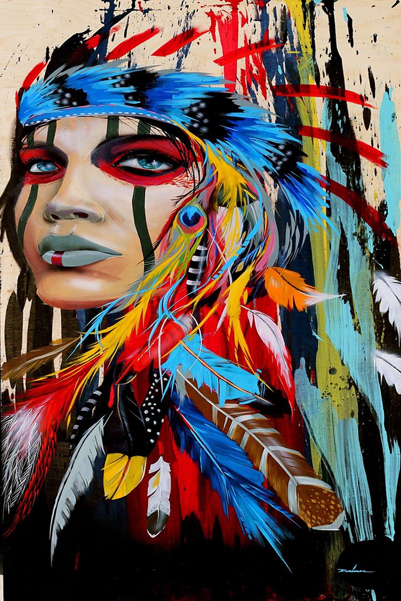 Modern tribal woman wall art print with blue eyes, facial stripes, and a vivid blue, red, yellow, and white feather headdress.