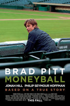 Moneyball movie poster features Brad Pitt seated in green baseball stadium seats, with bold white and olive title text.