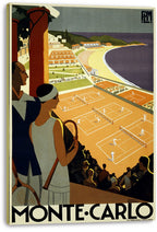 Monte Carlo canvas wall art print displaying Art Deco tennis players, elegant spectators, coastal resort buildings, and a curved beach.