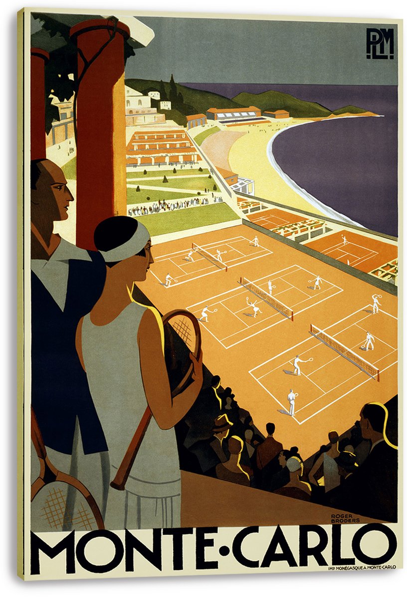 Monte Carlo canvas wall art print displaying Art Deco tennis players, elegant spectators, coastal resort buildings, and a curved beach.