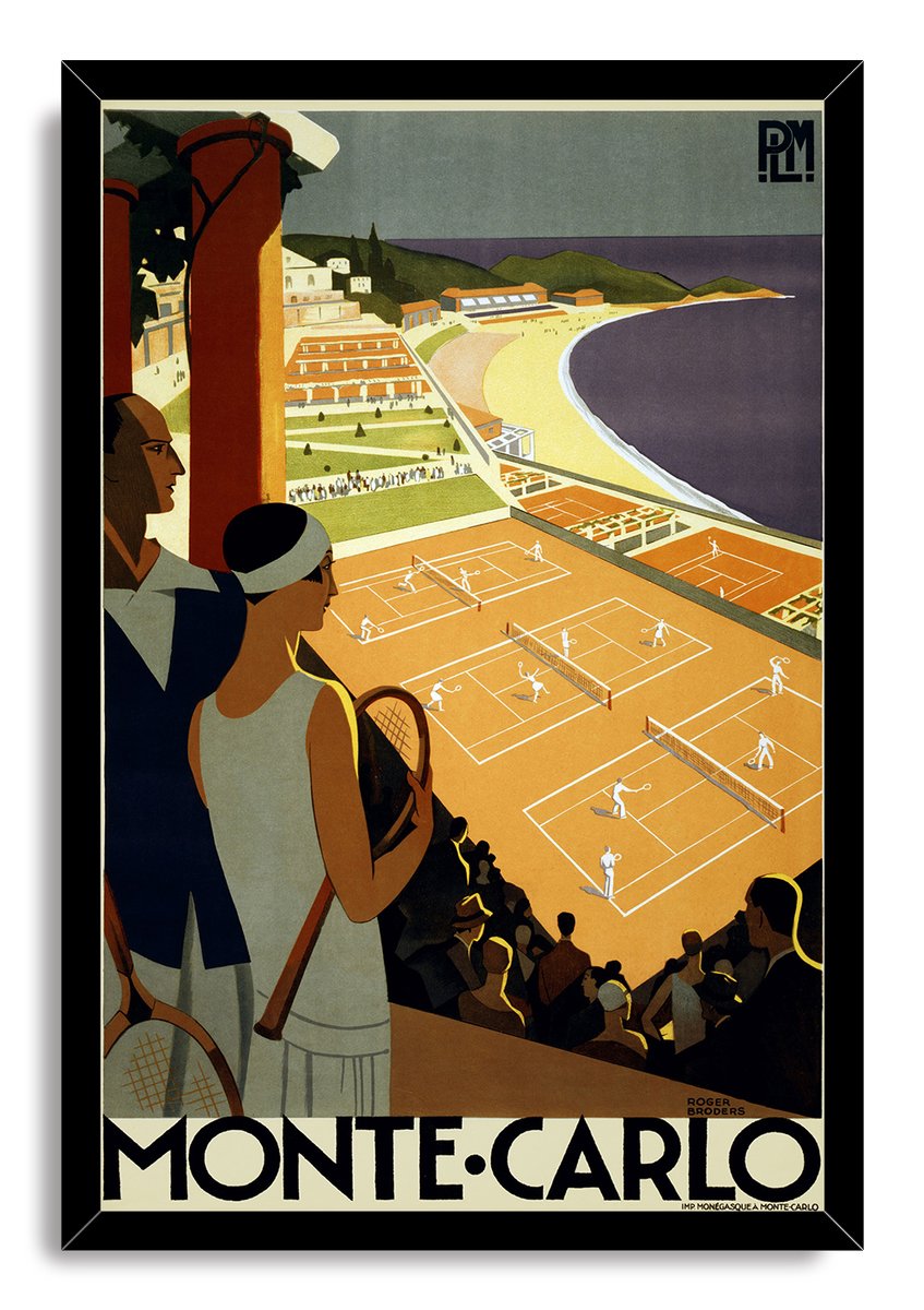 Monte Carlo framed wall art print featuring an Art Deco tennis resort, crowd, sea coast, red columns, and bold title text.