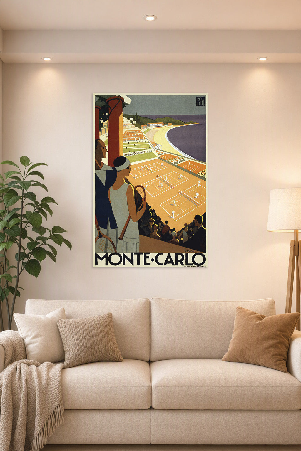 Monte Carlo Tennis Resort View in a bright living room above a beige sofa.