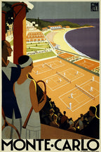 Monte Carlo poster wall art print with Art Deco spectators overlooking orange tennis courts, a beach, sea, and green hills.