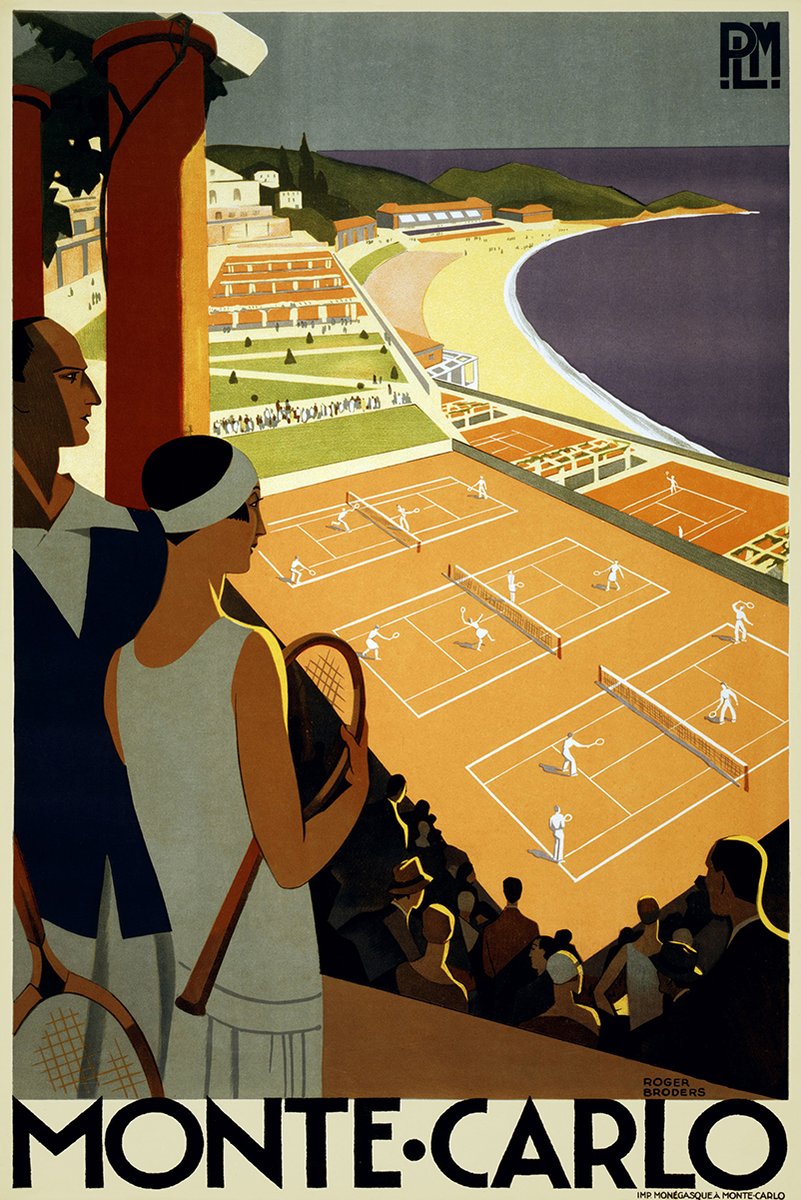Monte Carlo poster wall art print with Art Deco spectators overlooking orange tennis courts, a beach, sea, and green hills.