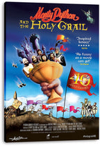 Monty Python and the Holy Grail canvas wall art print displays a golden grail, costumed characters, castles, and colorful medieval flags.
