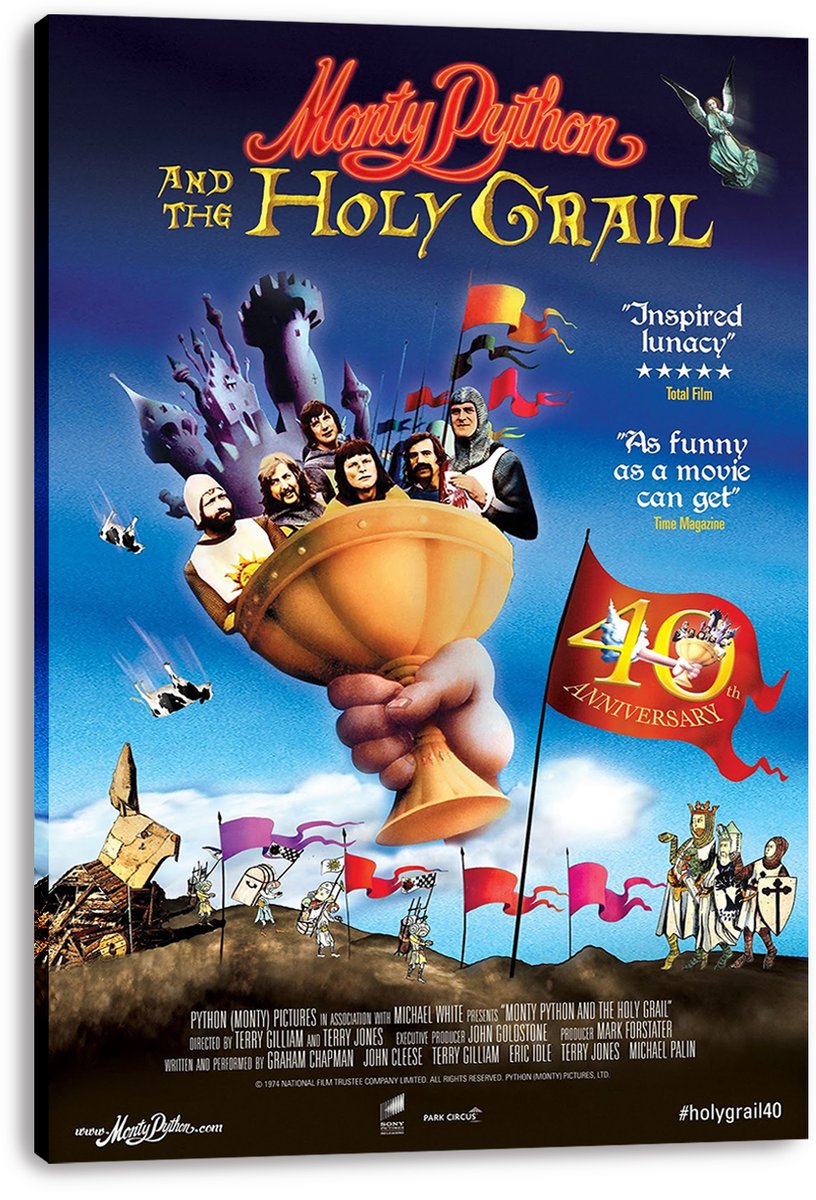 Monty Python and the Holy Grail canvas wall art print featuring a giant golden grail, cast, flying cows, knights, and red flags.