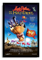 Monty Python and the Holy Grail framed wall art print presents a golden grail, knights, a castle, and a red 40th anniversary flag.