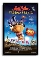 Monty Python and the Holy Grail framed wall art print with cast around a golden grail, castles, medieval figures, and banners.