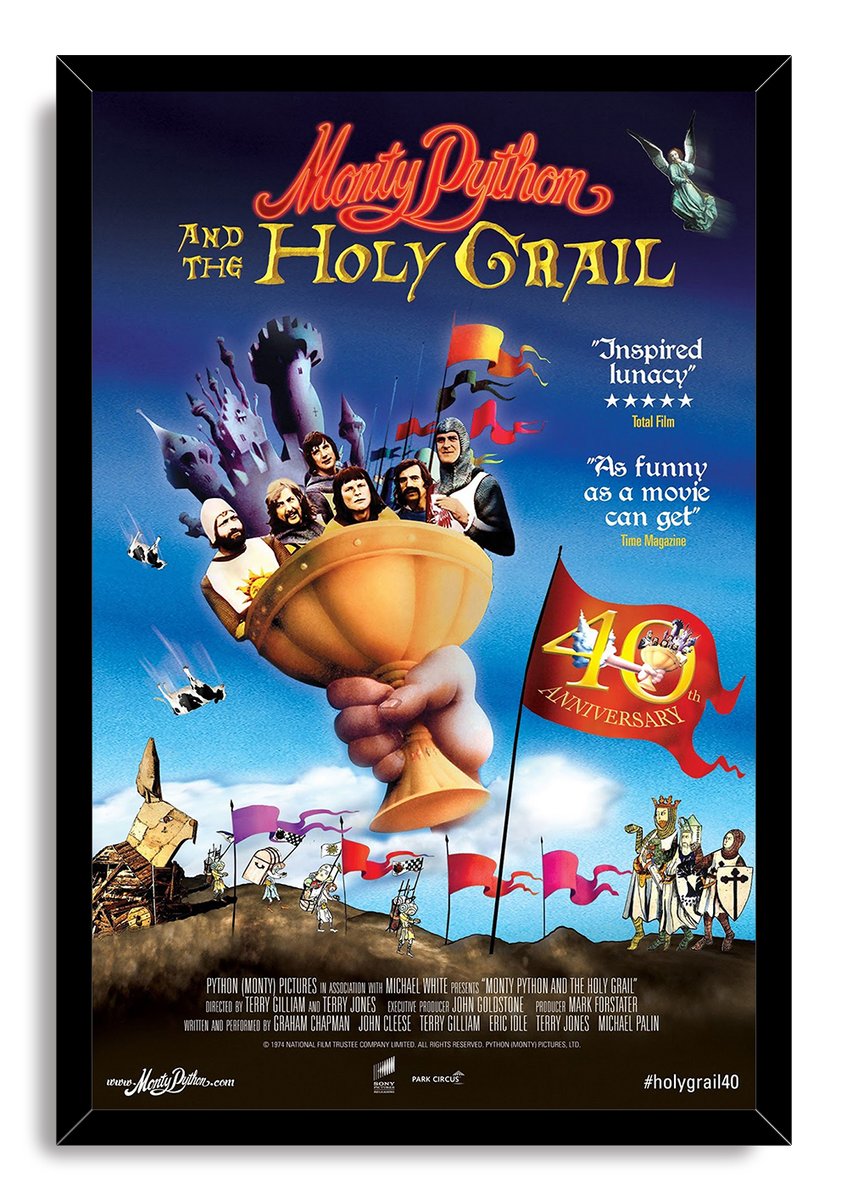 Monty Python and the Holy Grail framed wall art print with a golden grail, medieval figures, red banners, and castle scene.