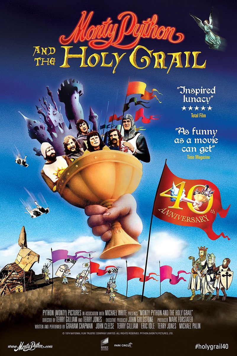 Monty Python and the Holy Grail poster with a giant golden grail, knights, castle, red flags, and blue sky.