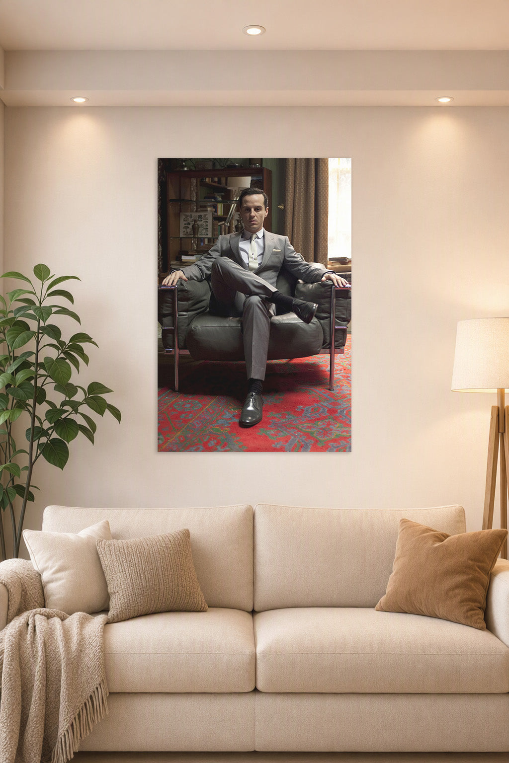 Moriarty (Andrew Scott) from Sherlock in a bright living room above a beige sofa.