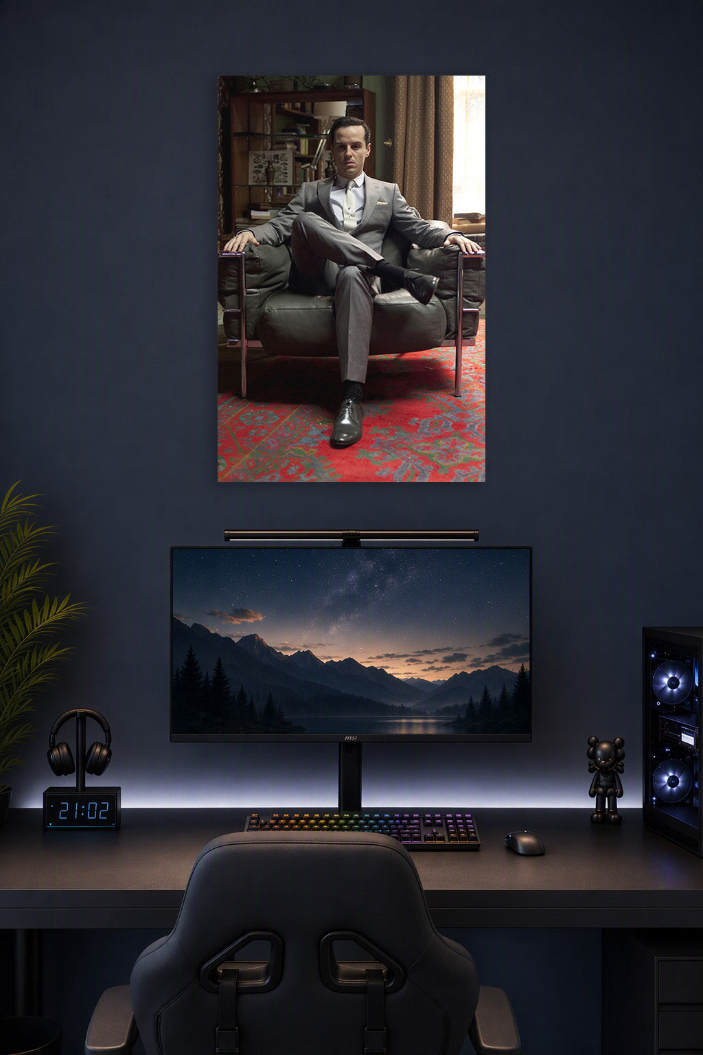 Moriarty (Andrew Scott) from Sherlock in a gaming desk setup above a monitor.