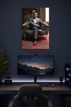 Moriarty (Andrew Scott) from Sherlock in a gaming desk setup above a monitor.