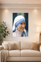 Mother Teresa in a bright living room above a beige sofa.